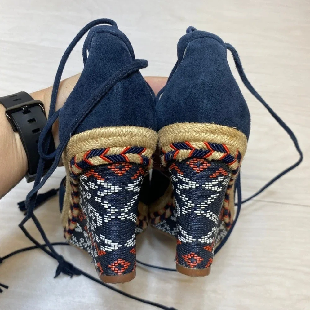 Cabi Navy Blue Suede Espadrille Wedge Sandals Lace Up Tassel‎ Embroidered 8M